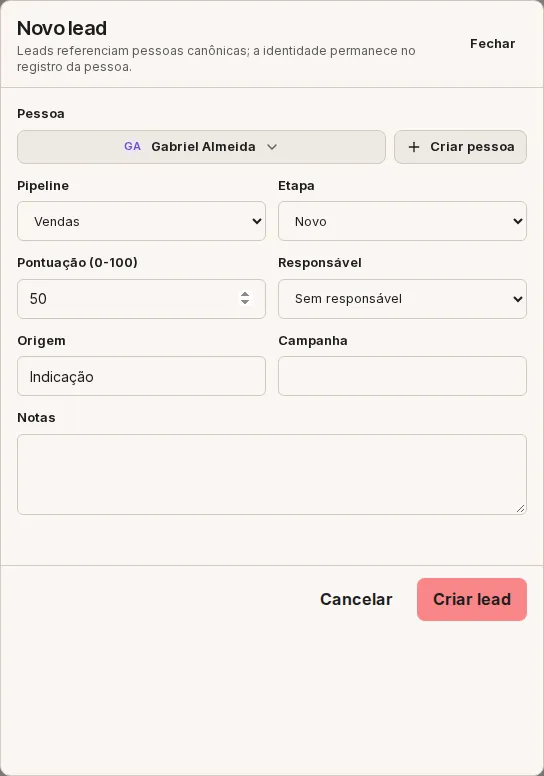 Formulário de novo lead